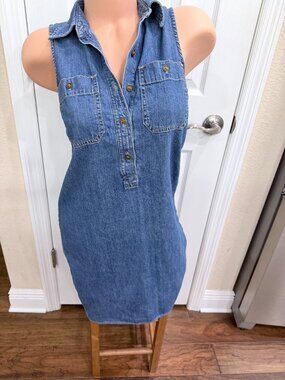 Chaps Denim Chambray Tunic Shirt Dress Sleeveless Button Front Small 100% Cotton